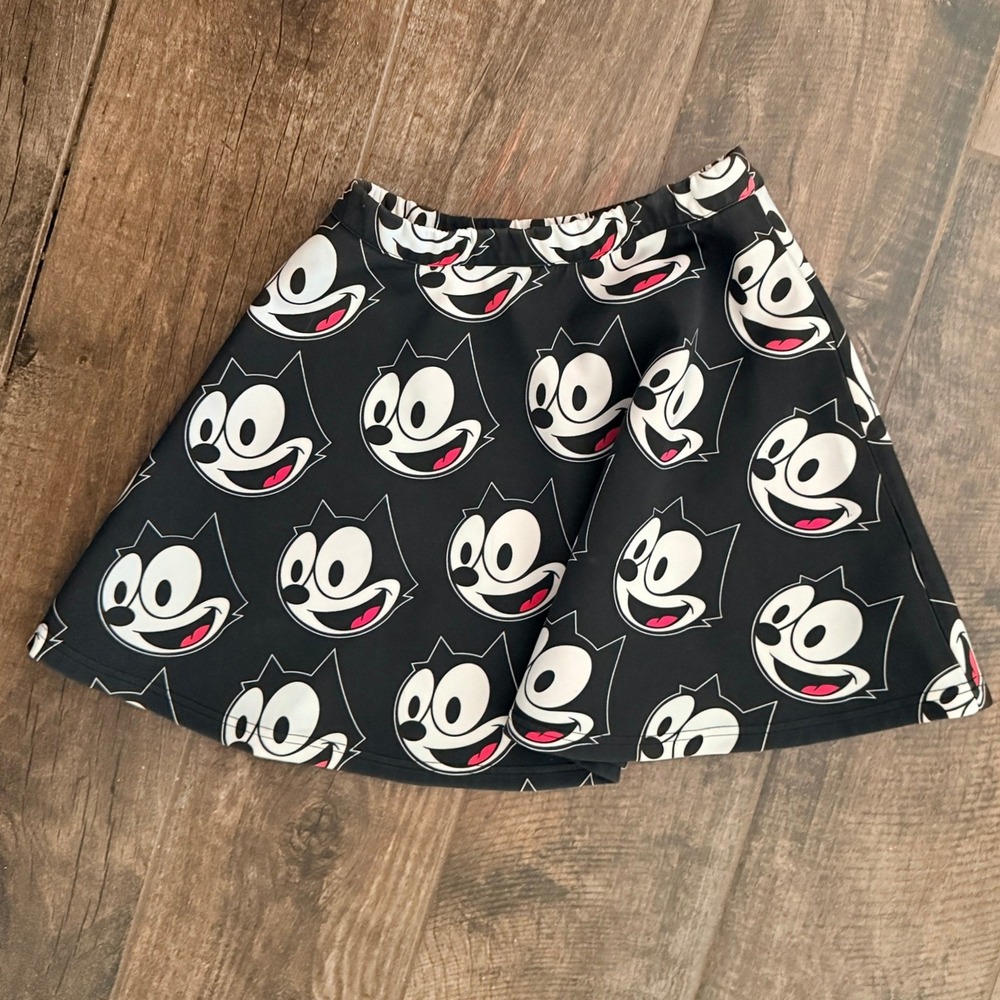 Joyrich x Felix the Cat Y2K Womens Cat Print Mini Skater Skirt, Black, S